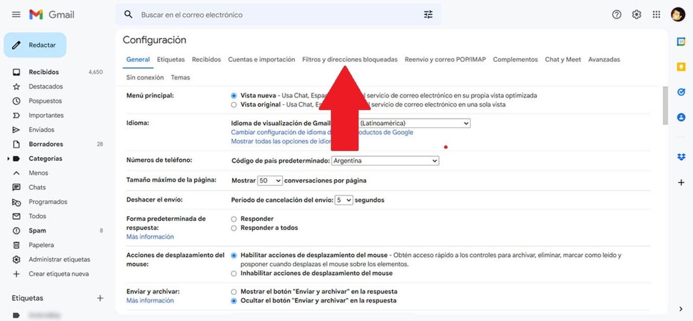 Ingresa en los filtros de Gmail.