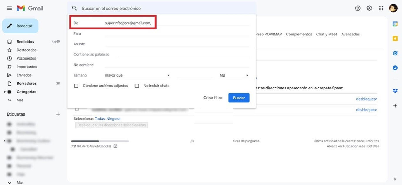Escribe las direcciones de correo que te envían mails spam.