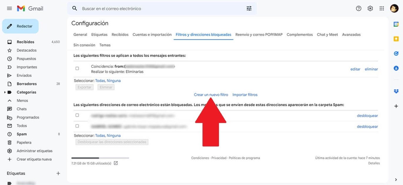 Crea un filtro personalizado para filtrar spam.