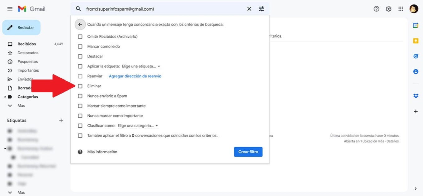 Marca la opción "Eliminar" dentro del filtro.