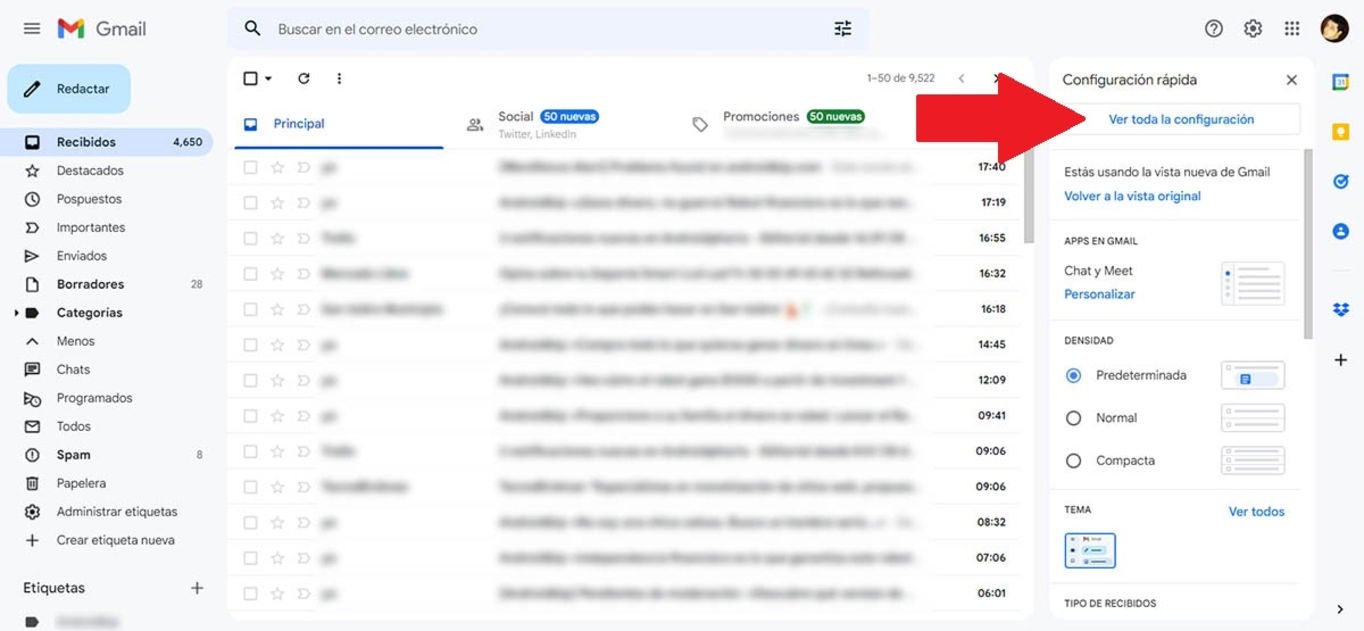 Accede a la configuración de tu cuenta de Gmail.