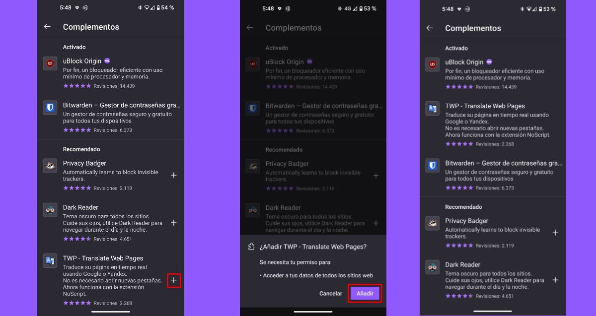 Pulsa en el botón con el signo "+" que está a la derecha de la opción TWP-Translate Web Pages y clica en el botón "Añadir"