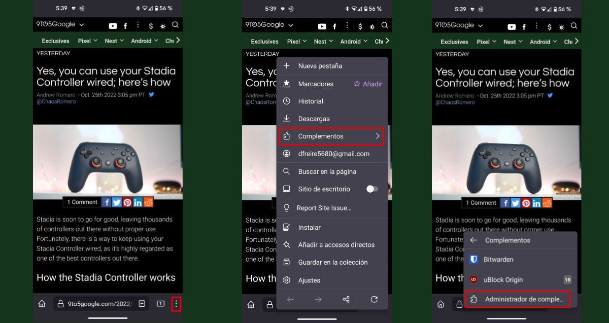 Accede al menú de la app, pulsa en la opción "Complementos" y a continuación en el botón "Administrador de complementos"