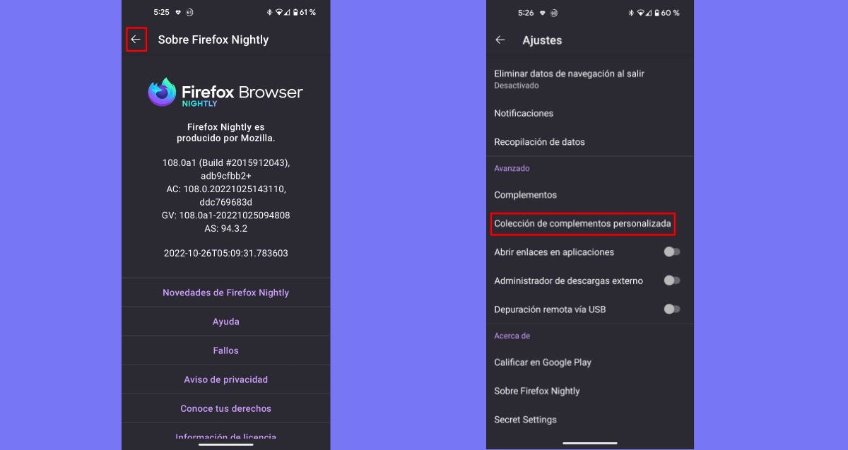 Vuelve al menú de ajustes de Firefox Nightly y clica en la opción "Colección de complementos personalizada"