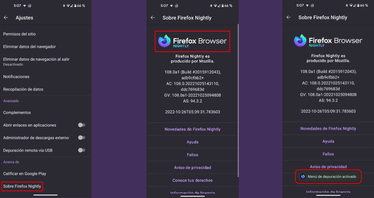 Clica en la opción "Sobre Firefox Nightly" y toca tres veces en el logo del navegador hasta que salga en la parte inferior el mensaje "Menú de depuración activado"