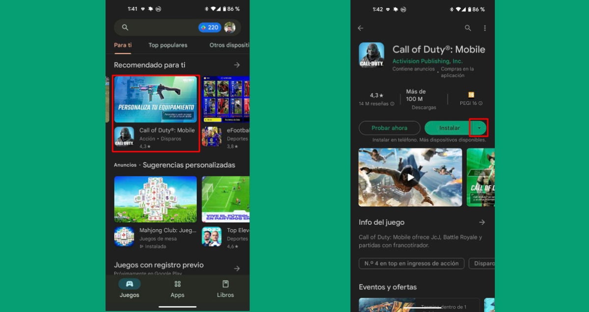Selecciona la app que quieres pasar a la tablet en la Play Store de tu móvil Android y pulsa en el menú desplegable que aparece a la derecha de la opción "Instalar"