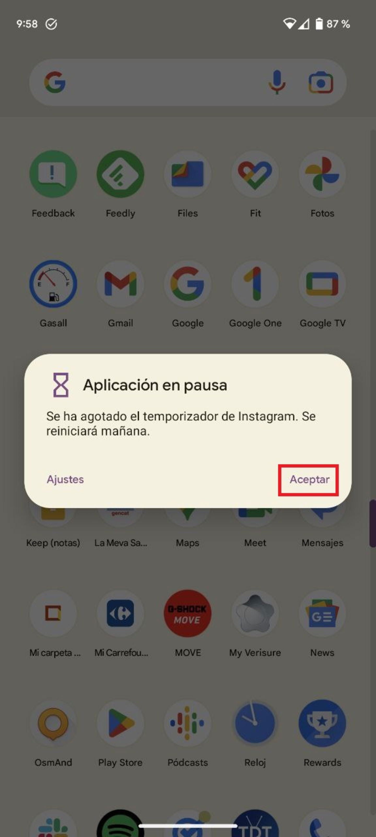 Al limitar el Instagram con Bienestar Digital, la app se pausa y se vuelve inaccesible cuando se superó el tiempo establecido