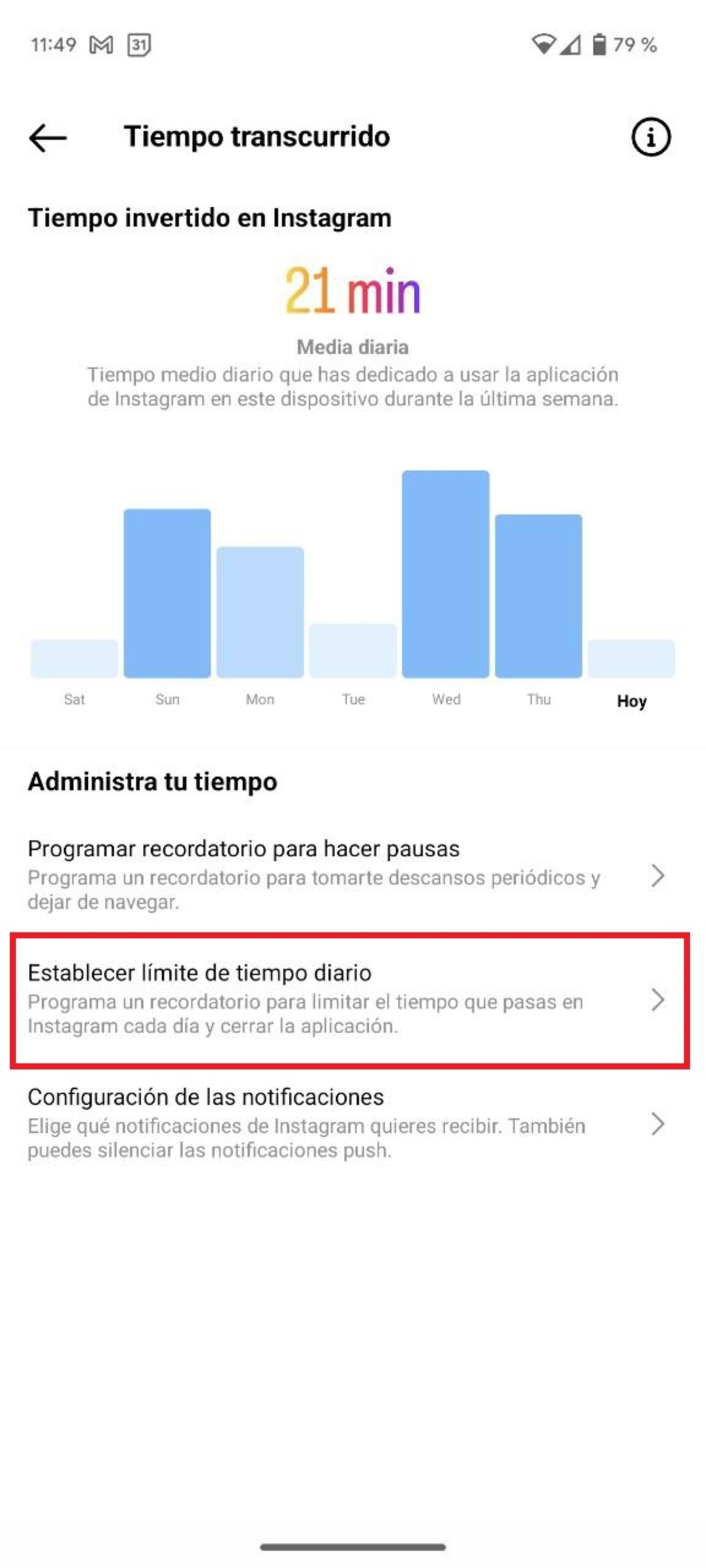 Gráfico del uso que le das a Instagram en la sección de Tu actividad que incluye la propia app oficial.