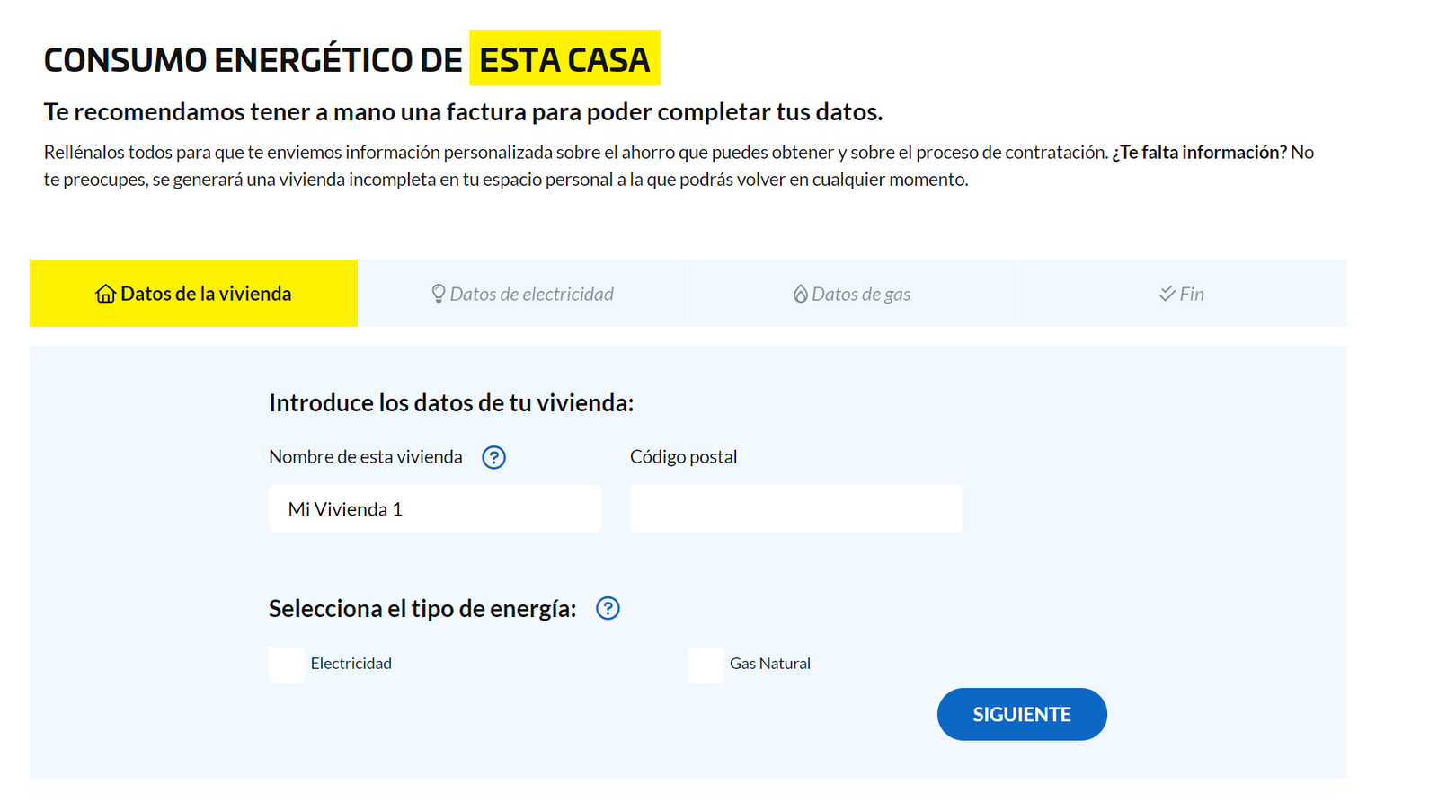 A partir de aquí, tendrás que dar toda la información sobre tu consumo eléctrico