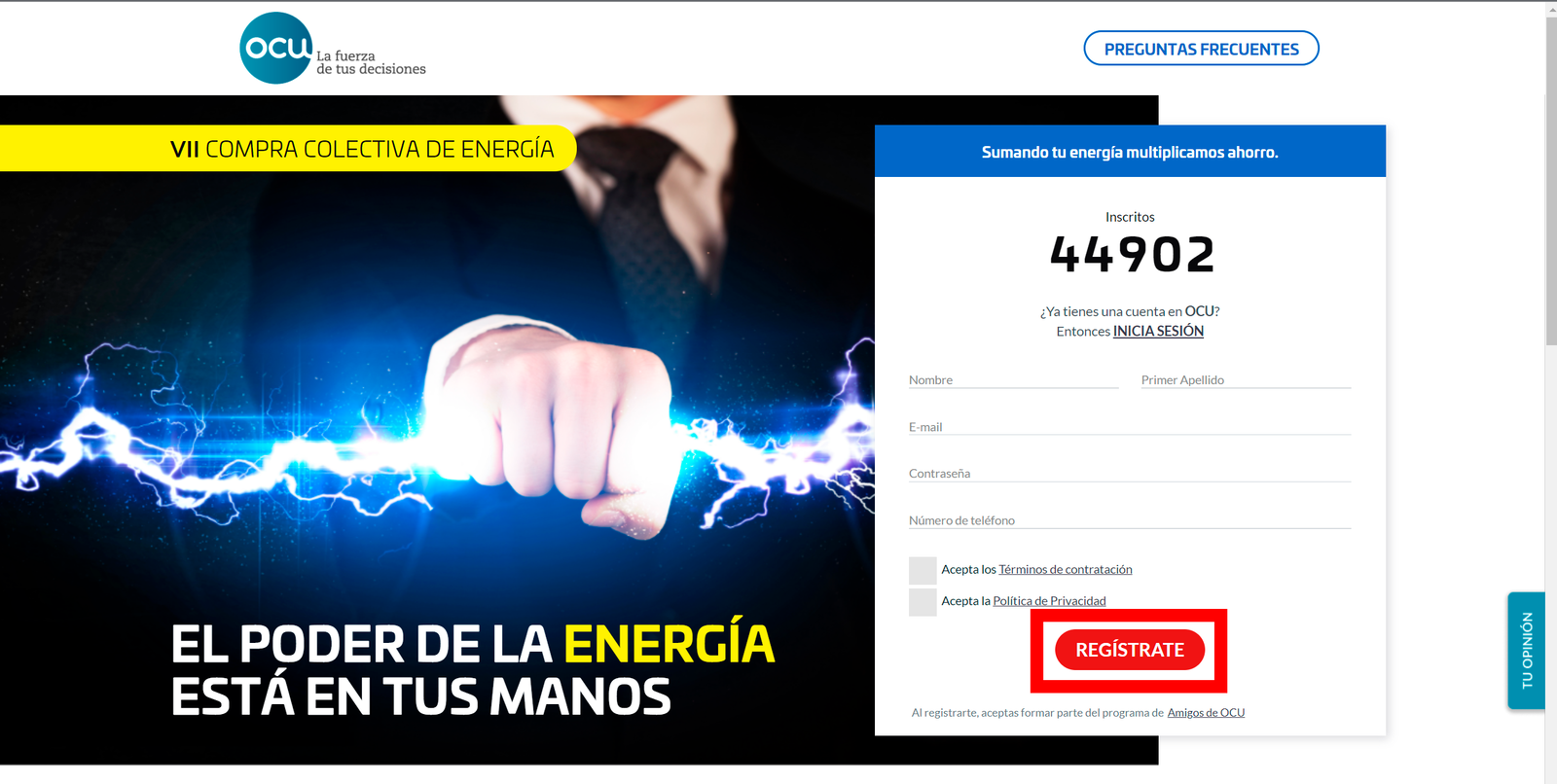 A través de este formulario te podrás registrar para comprar energía conjunta con la OCU