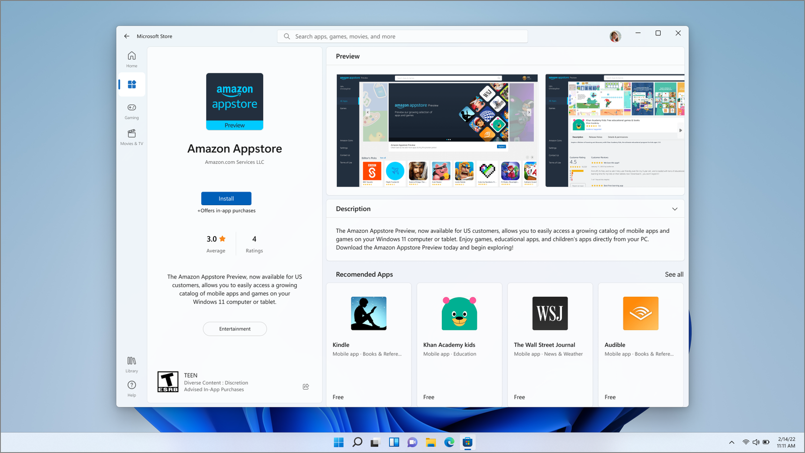 Amazon Appstore en un ordenador con Windows 11