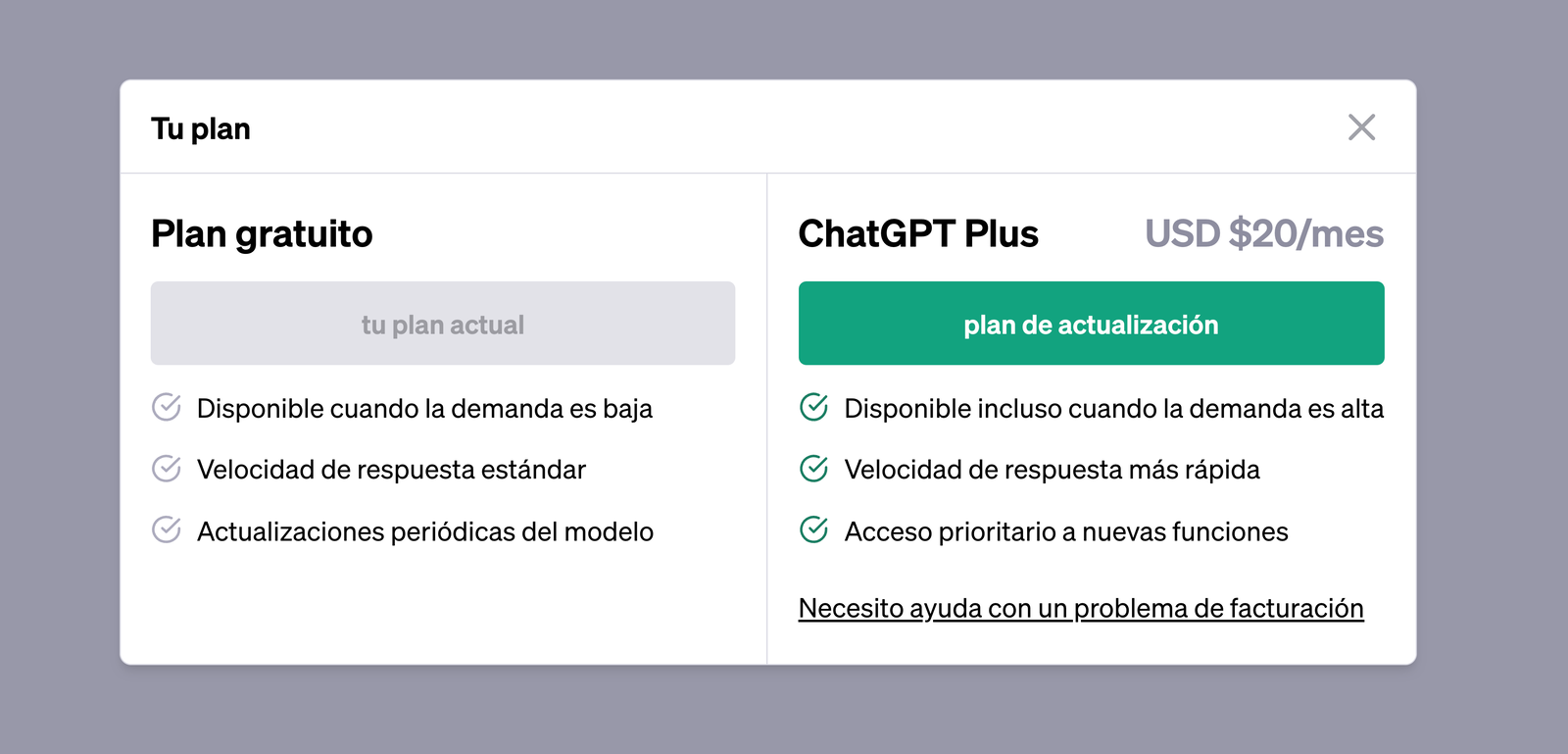 Las principales diferencias entre el plan gratuito dde ChatGPT y ChatGPT Plus.