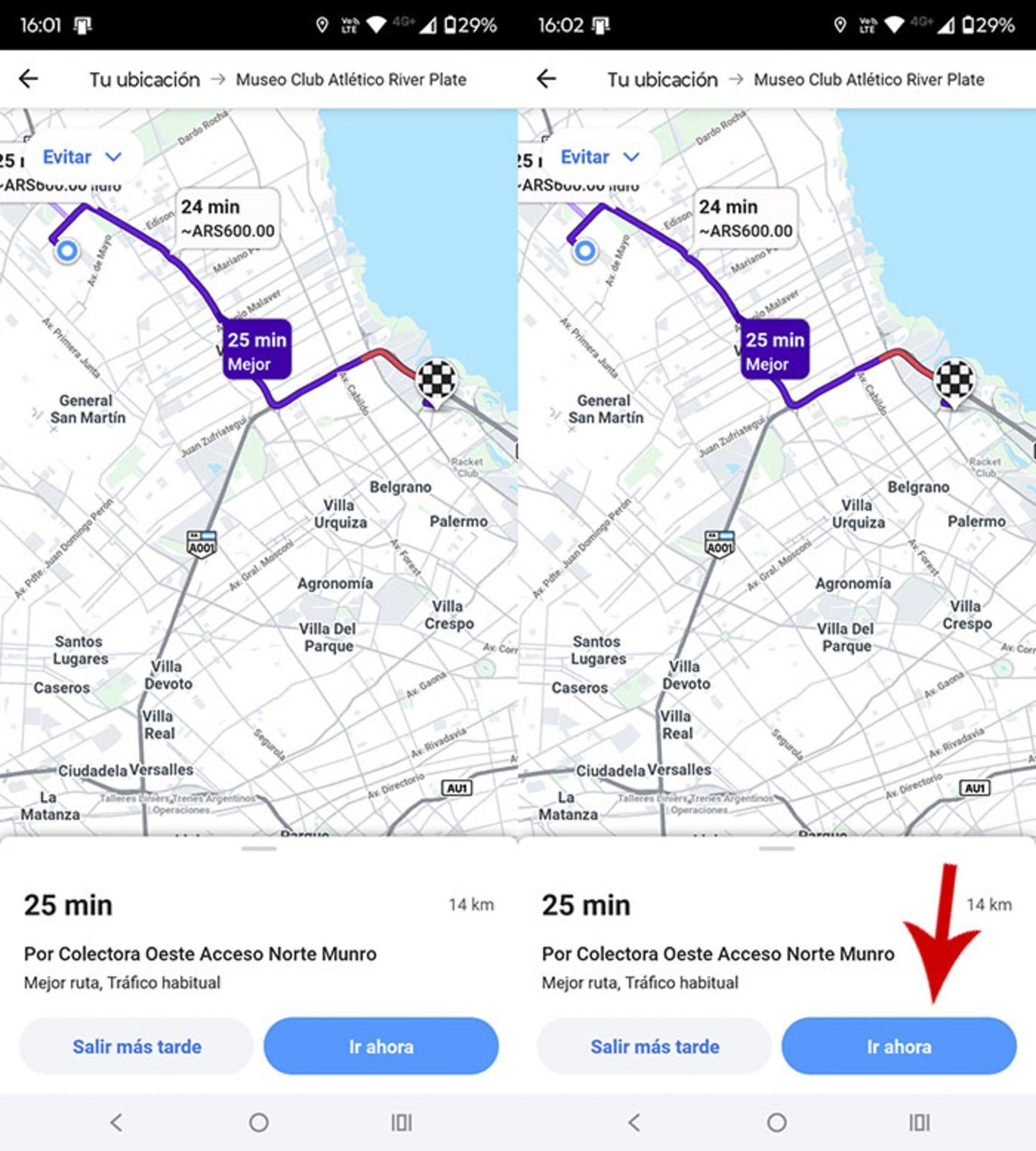 Debes esperar al menos 1 minuto para que la ruta se almacene en la caché del teléfono