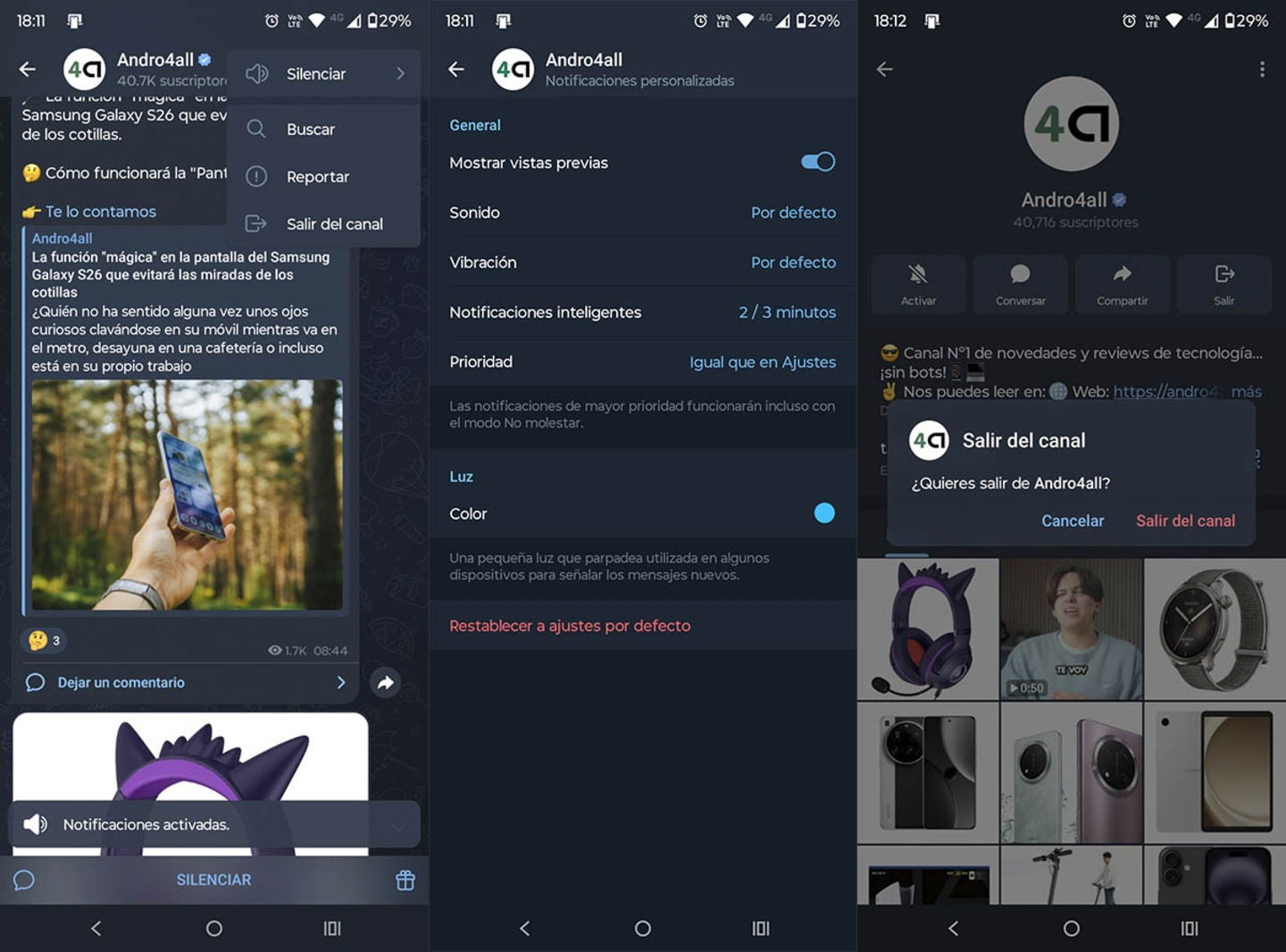 Telegram permite silenciar los canales para no recibir notificaciones