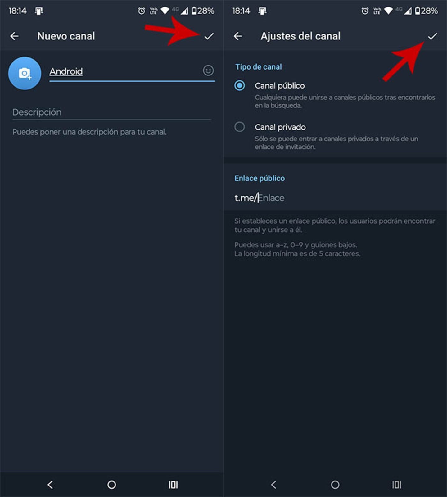 Deberás poner un enlace para que Telegram pueda crear el canal