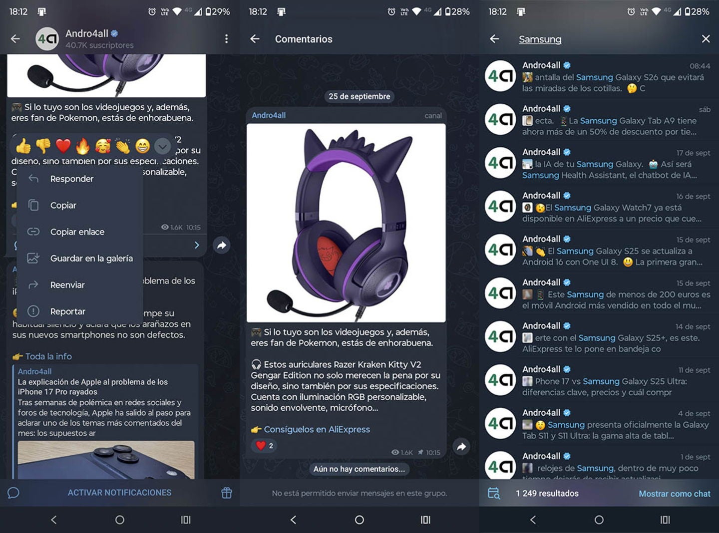 Dentro de los canales puedes buscar publicaciones y reaccionar a los posteos