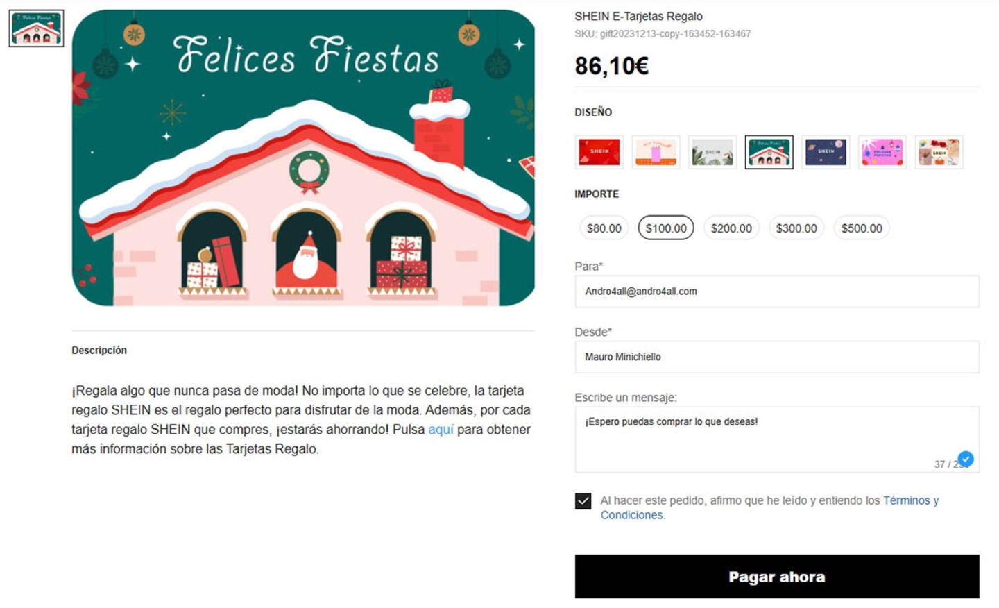 Es imprescindible que completes los datos sin errores, pues podrías enviarle la tarjeta de regalo a otra persona