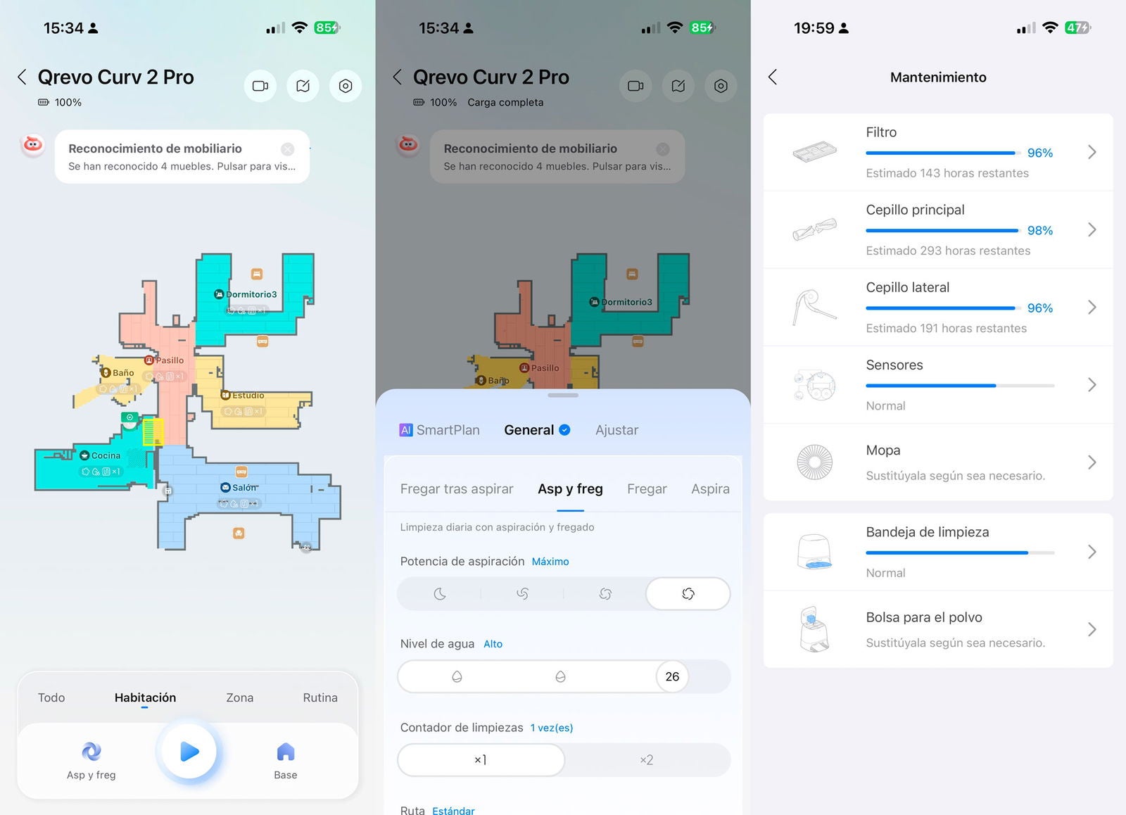 Algunas de las opciones de la app del Roborock Qrevo Curv 2 Pro
