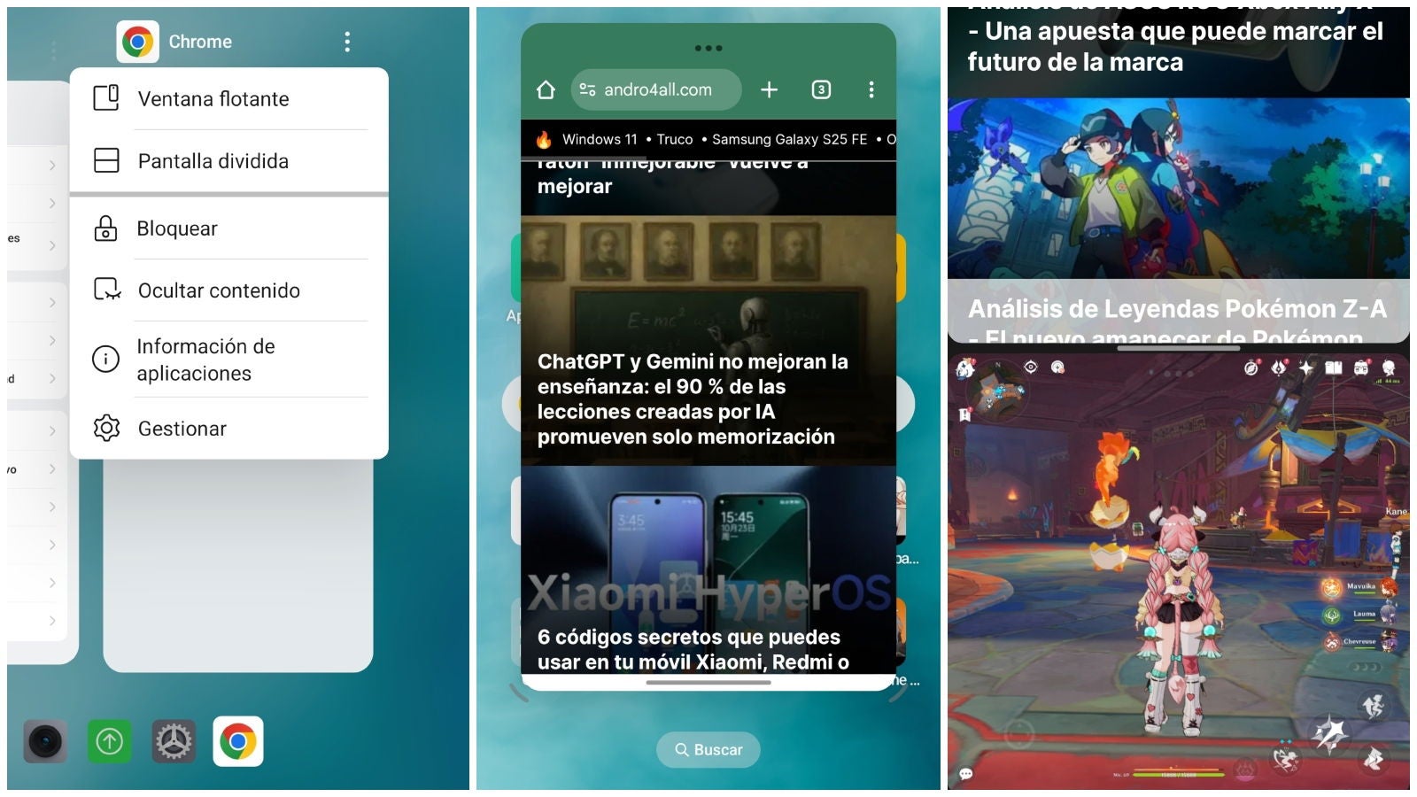 Dentro de las opciones multitarea, podrás crear ventanas flotantes o dividir la pantalla en dos segmentos