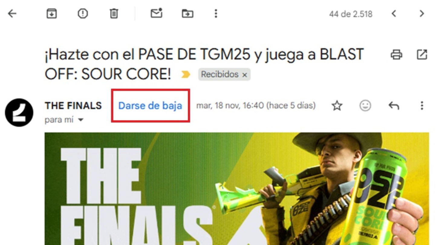 El botón de Darse de baja en Gmail en la versión de escritorio está a simple vista