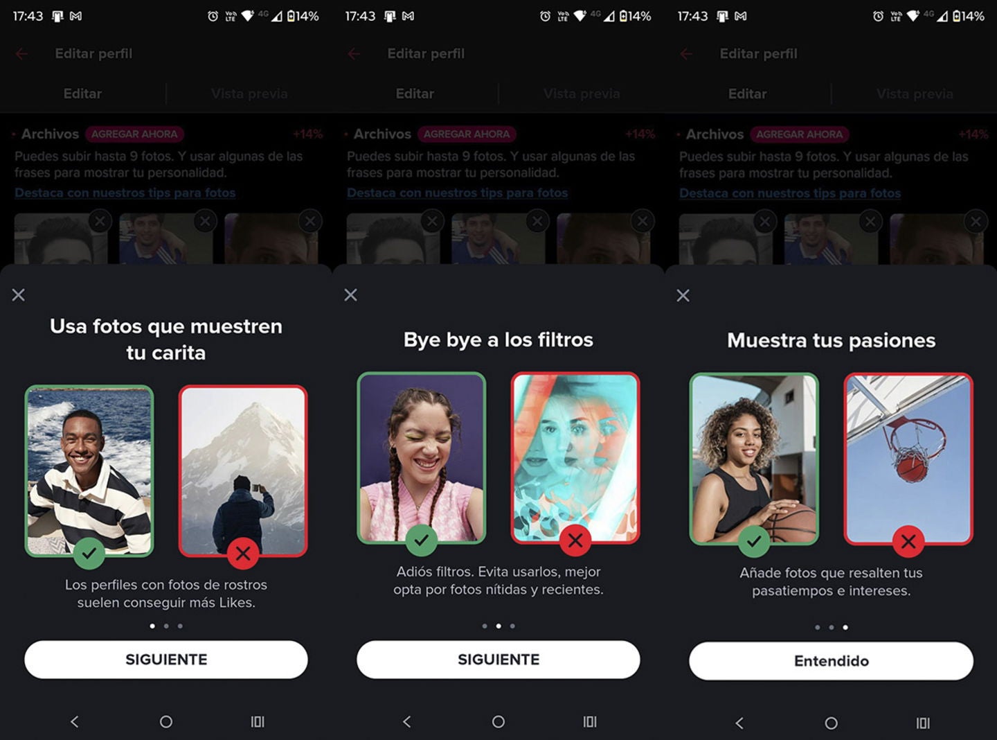 Tinder dispone de una sección (dentro de donde subes las imágenes) donde recomienda qué tipo de fotos subir