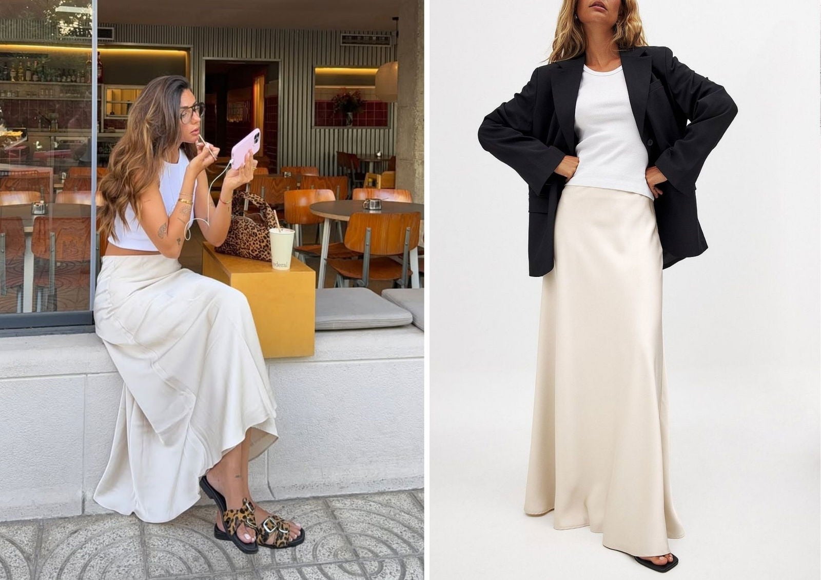 Izq.: @arethafuste | Dcha.: Falda larga de satén NA-KD (55,95 €)