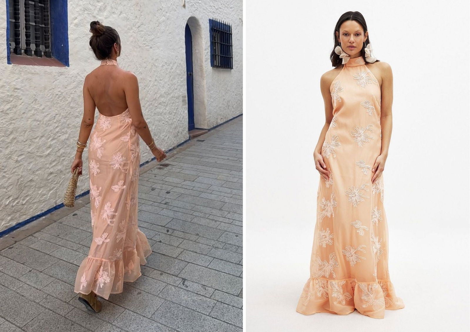 Izq.: @arethafuste | Dcha.: Vestido largo cuello halter bordado NA-KD (119,95€)