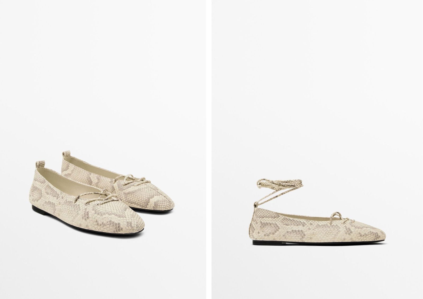 Bailarinas de piel con estampado serpiente y tiras trenzadas (59,95€) | Massimo Dutti