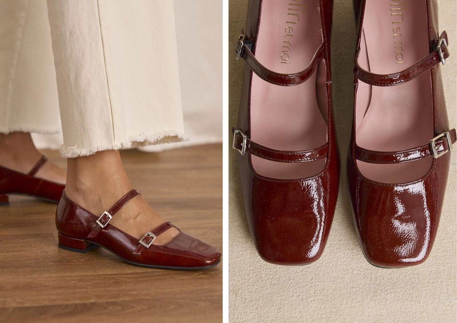 Mary Jane de piel burdeos con doble tira y tacón bajo (89,95€) | Polin et moi