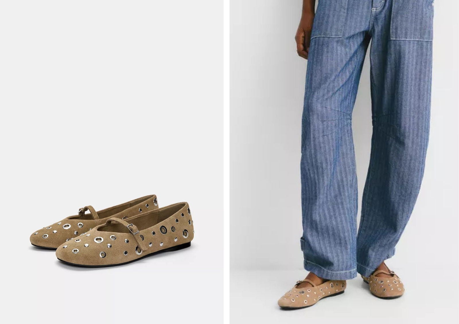 Bailarinas de serraje marrón con tachas metálicas (35,99€) | Pull&amp;Bear