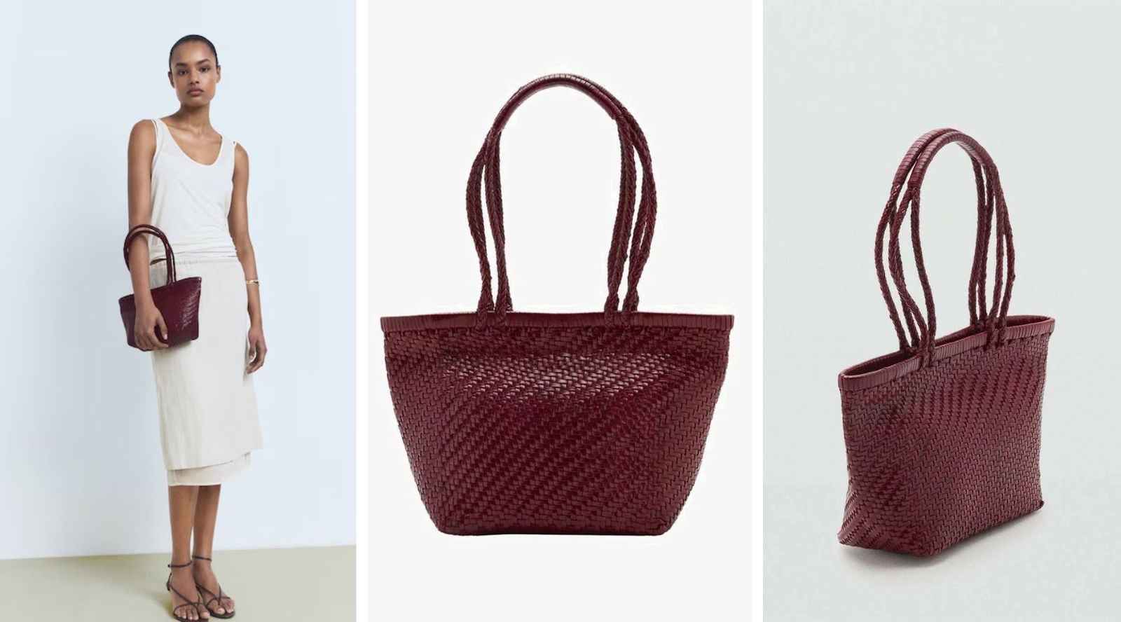 Bolso trenzado de piel en burdeos (79,99€), disponible también en marrón cuero y marrón chocolate. | Mango