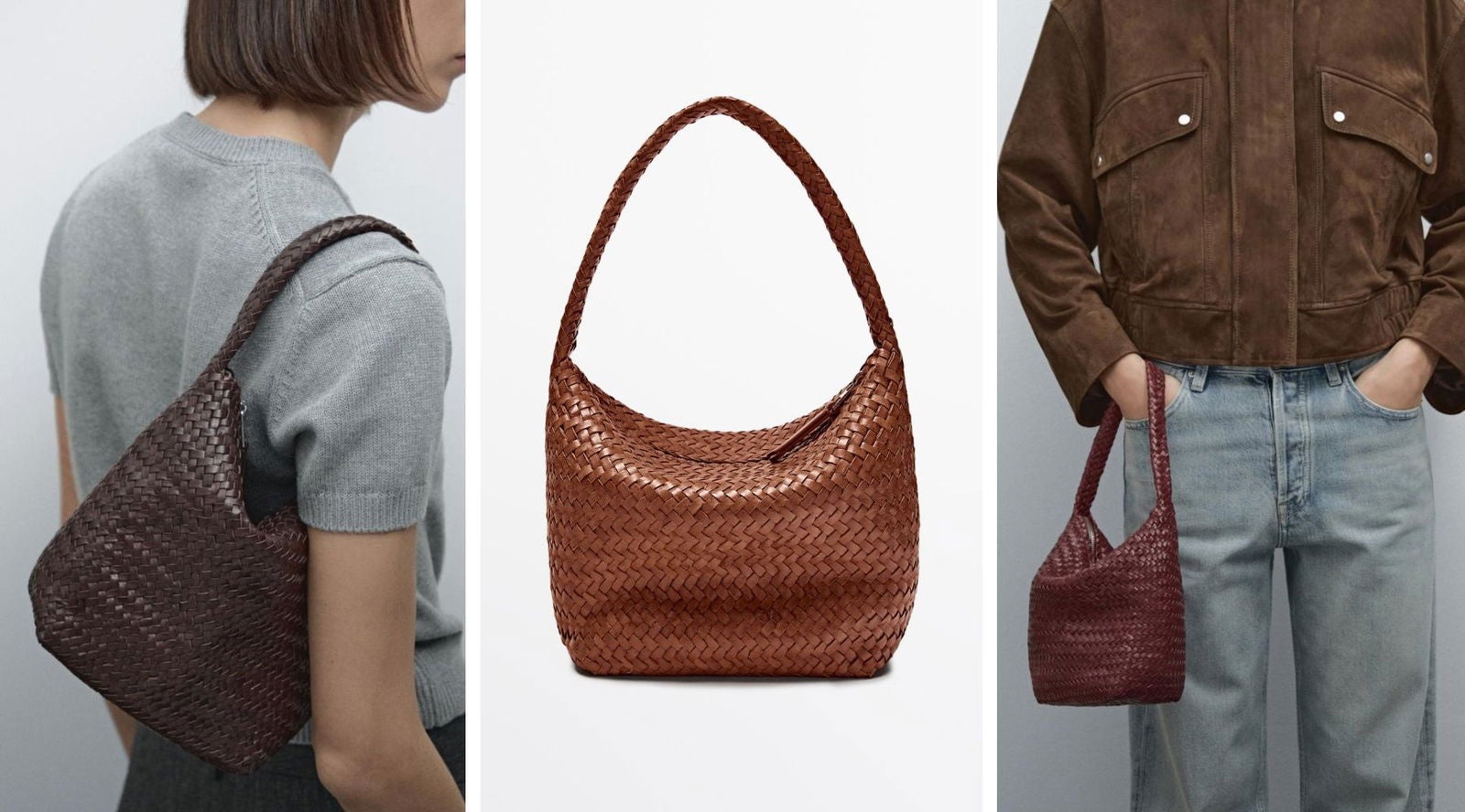 Bolso bucket de piel trenzada en marrón (149€), a la venta también en negro, burdeos y chocolate. | Massimo Dutti