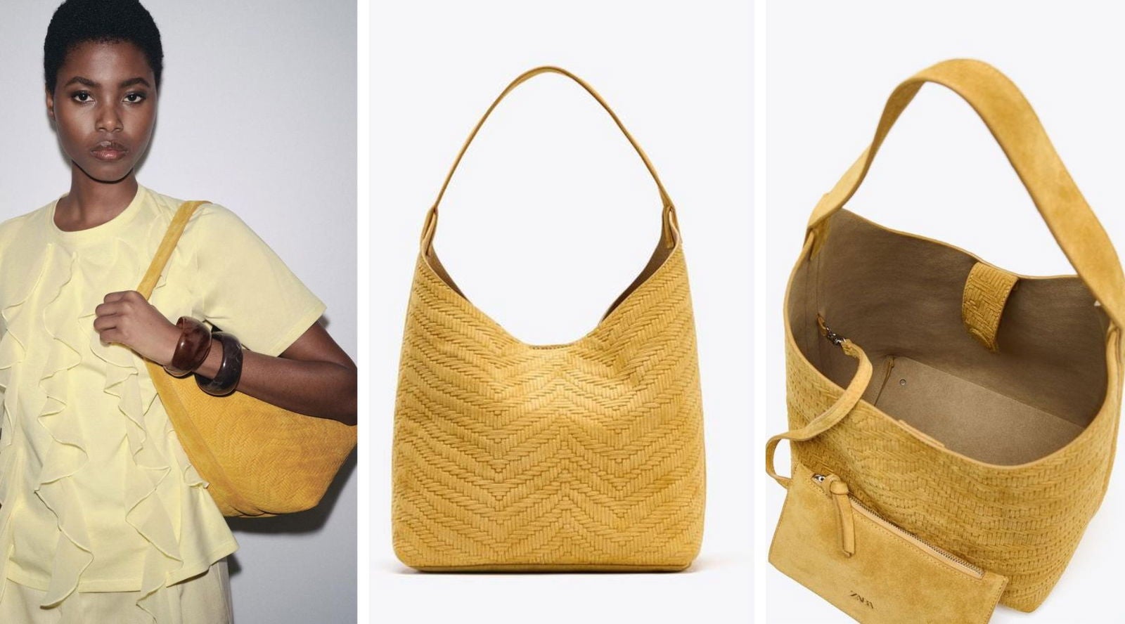 Bolso trenzado en color amarillo mostaza (129€), una de las propuestas más originales de la temporada. | Zara