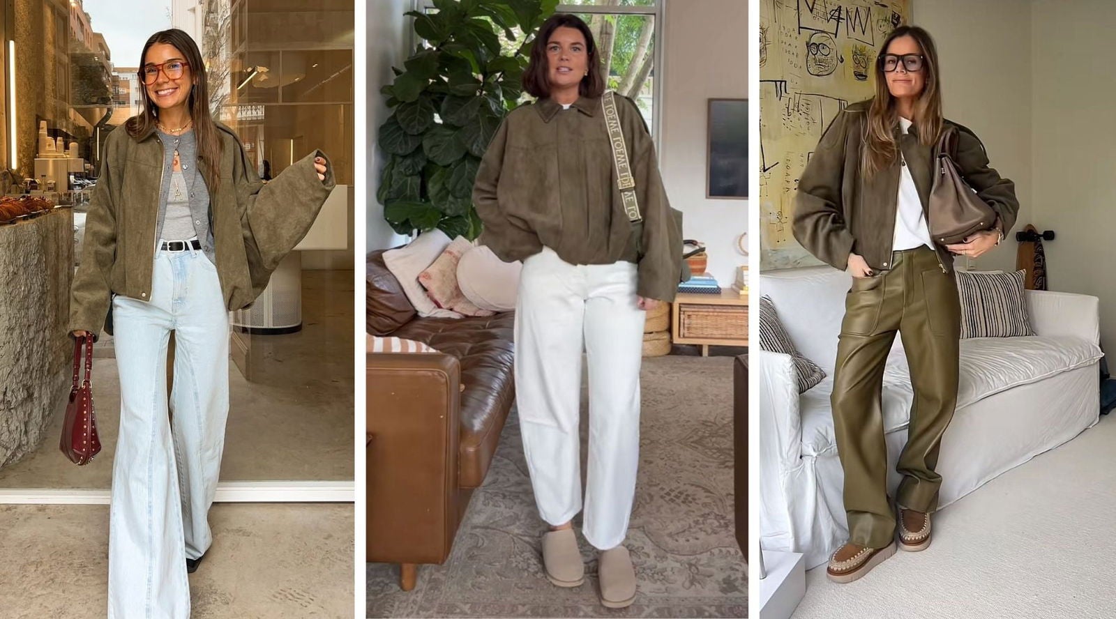 La bomber viral de Zara en verde khaki vista en tres looks diferentes de influencers: con vaqueros, pantalón beige y pantalones de efecto piel en verde. | Vía Instagram @aina.simon, @emkellywears y @oliviavanlil