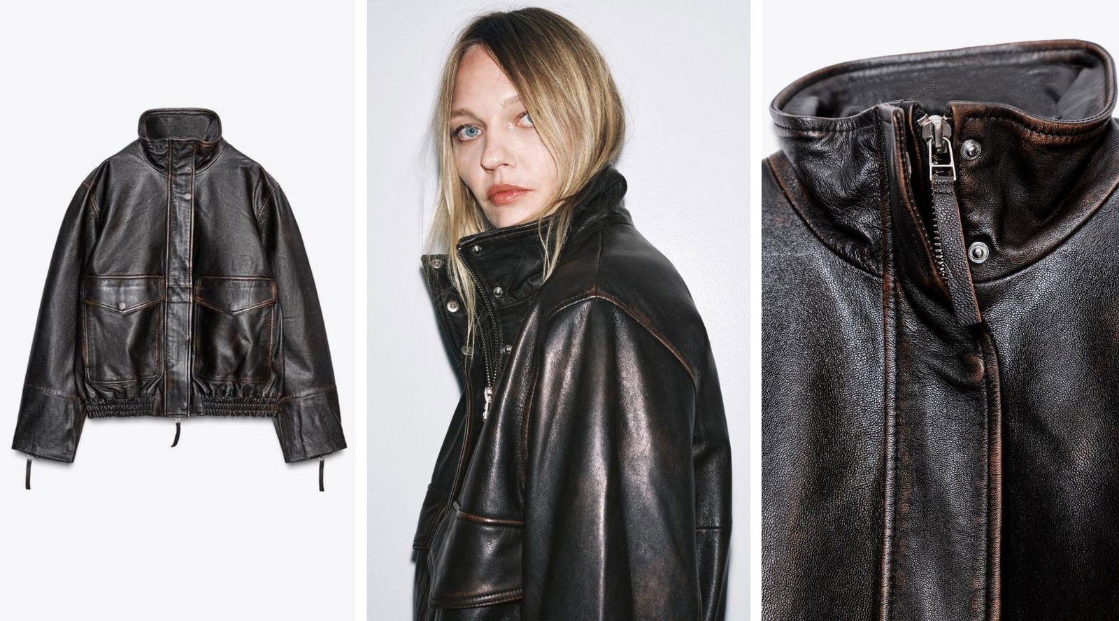 Chaqueta bomber de piel marrón chocolate con acabado desgastado | Zara