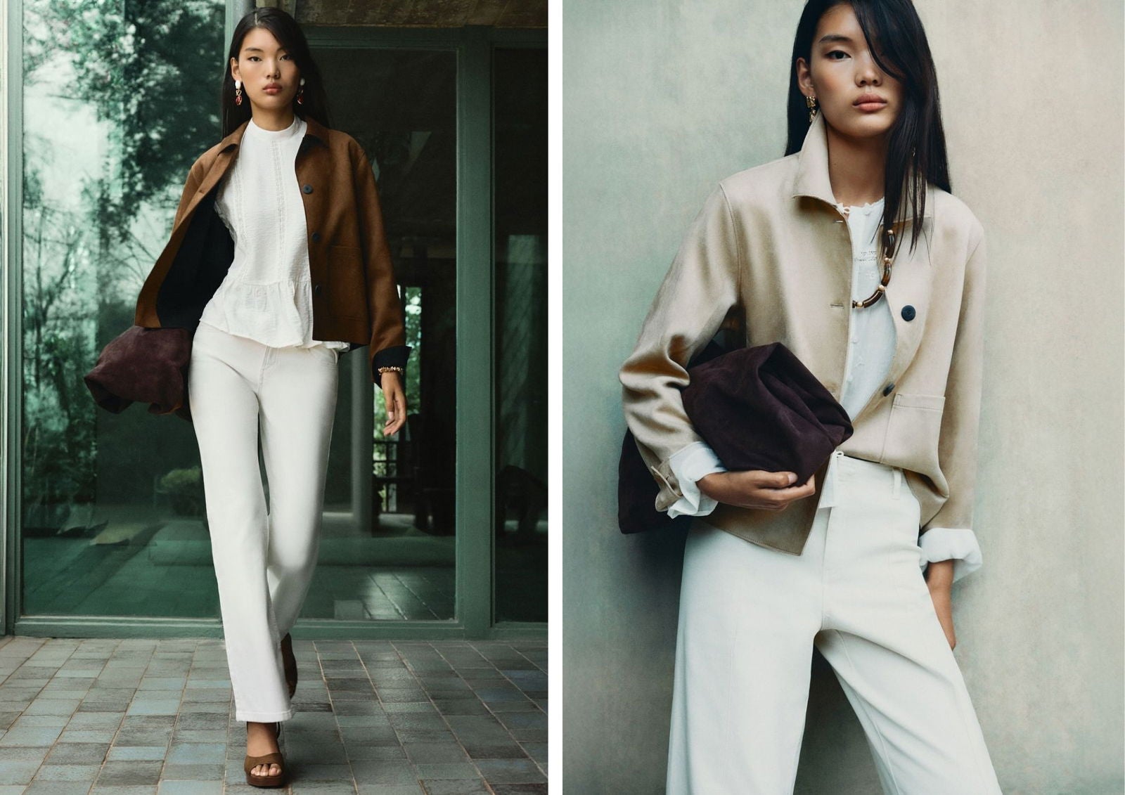 Cazadora de efecto ante de Lefties con pantalón blanco, un look de entretiempo en clave minimal | Instagram @lefties