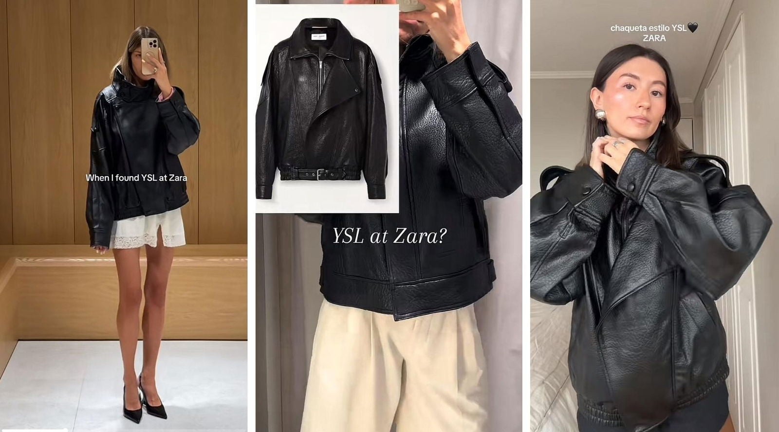 Vídeos en TikTok comparando la cazadora efecto piel de Zara con la chaqueta oversized de Yves Saint Laurent, un parecido que ha disparado su viralidad | Vía TikTok @tanya.kaizen, @karelysrodc y @nachivaldes