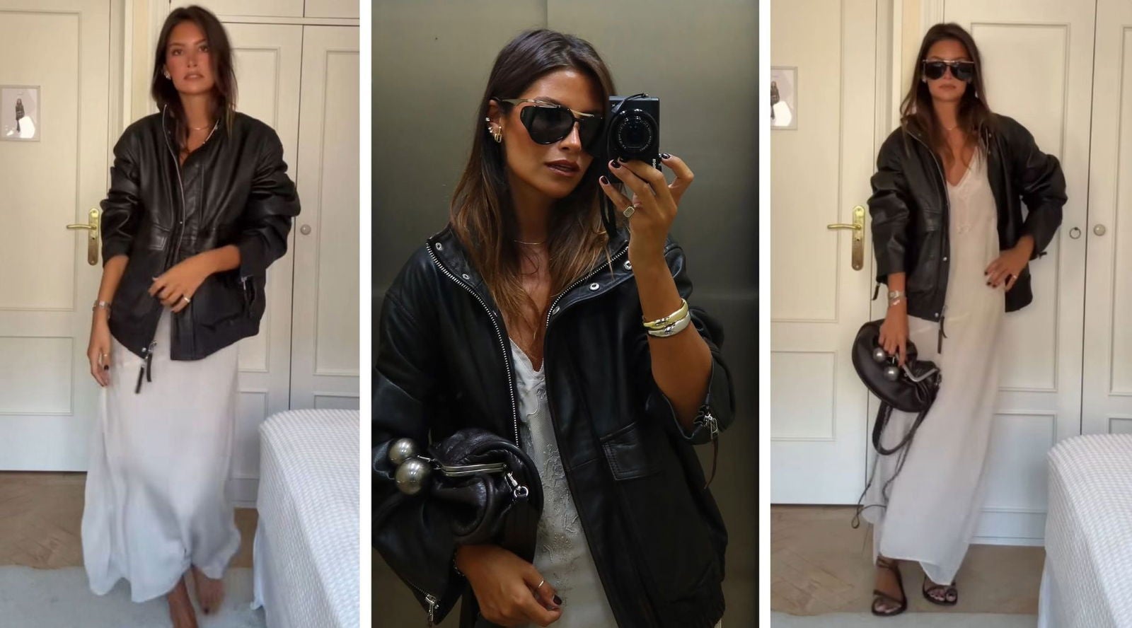 María Martín de Pozuelo combina el vestido lencero gris perla con la bomber de piel marrón chocolate de Zara | Instagram @mariamartinn