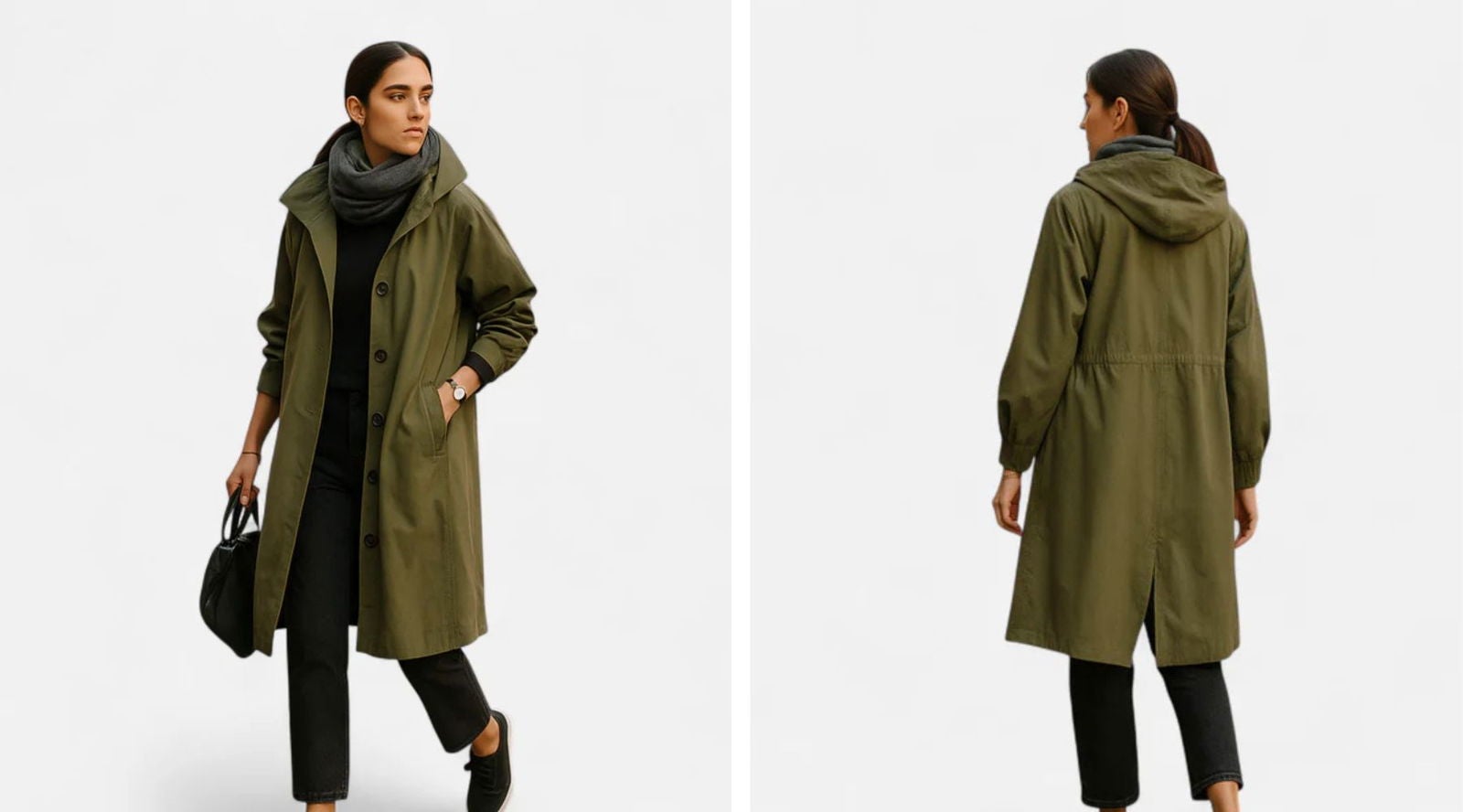 Gabardina impermeable con capucha en verde oliva (39,95€) | Eliaro Moda
