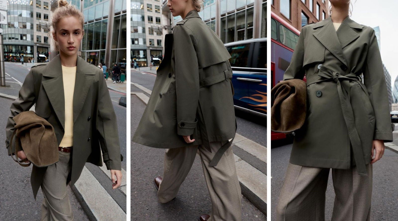 Trench cruzado en verde caqui (49,95€) | Zara