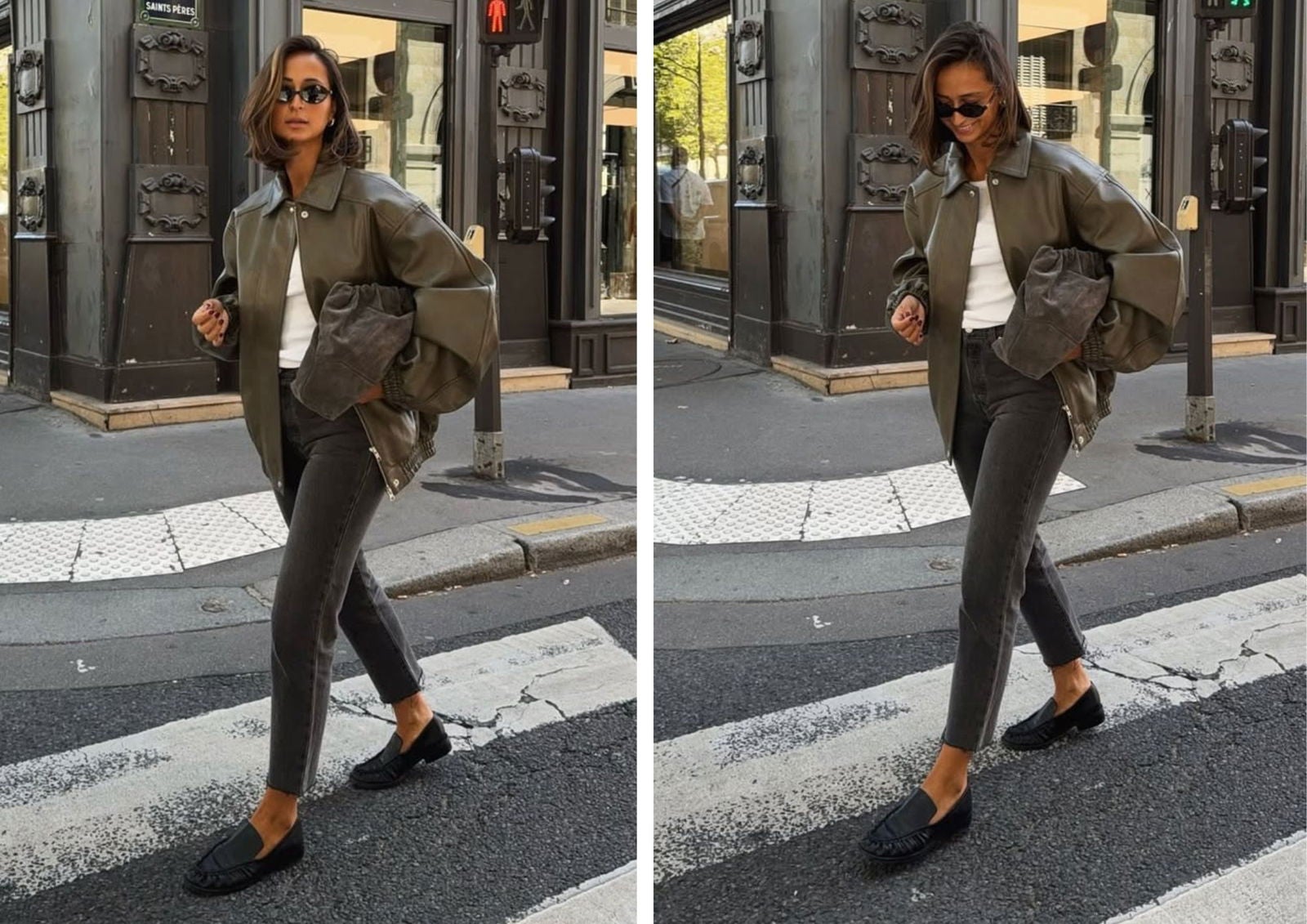 Mocasines con vaqueros slim grises y cazadora de cuero | @margauxbtn