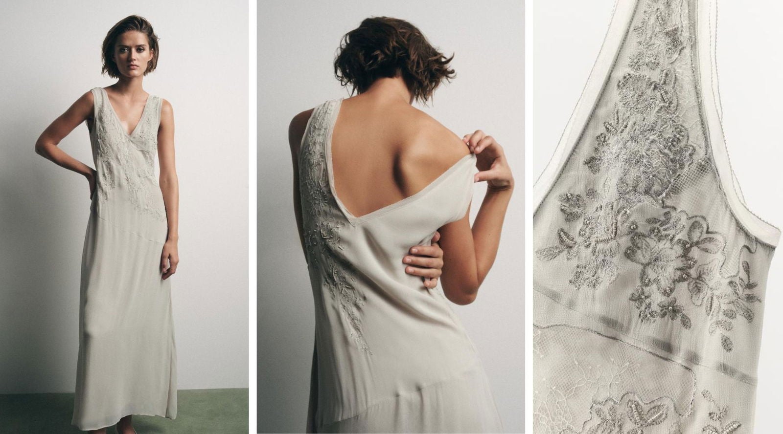 Vestido lencero midi con bordados y aplicaciones de abalorios en tono gris perla | Zara