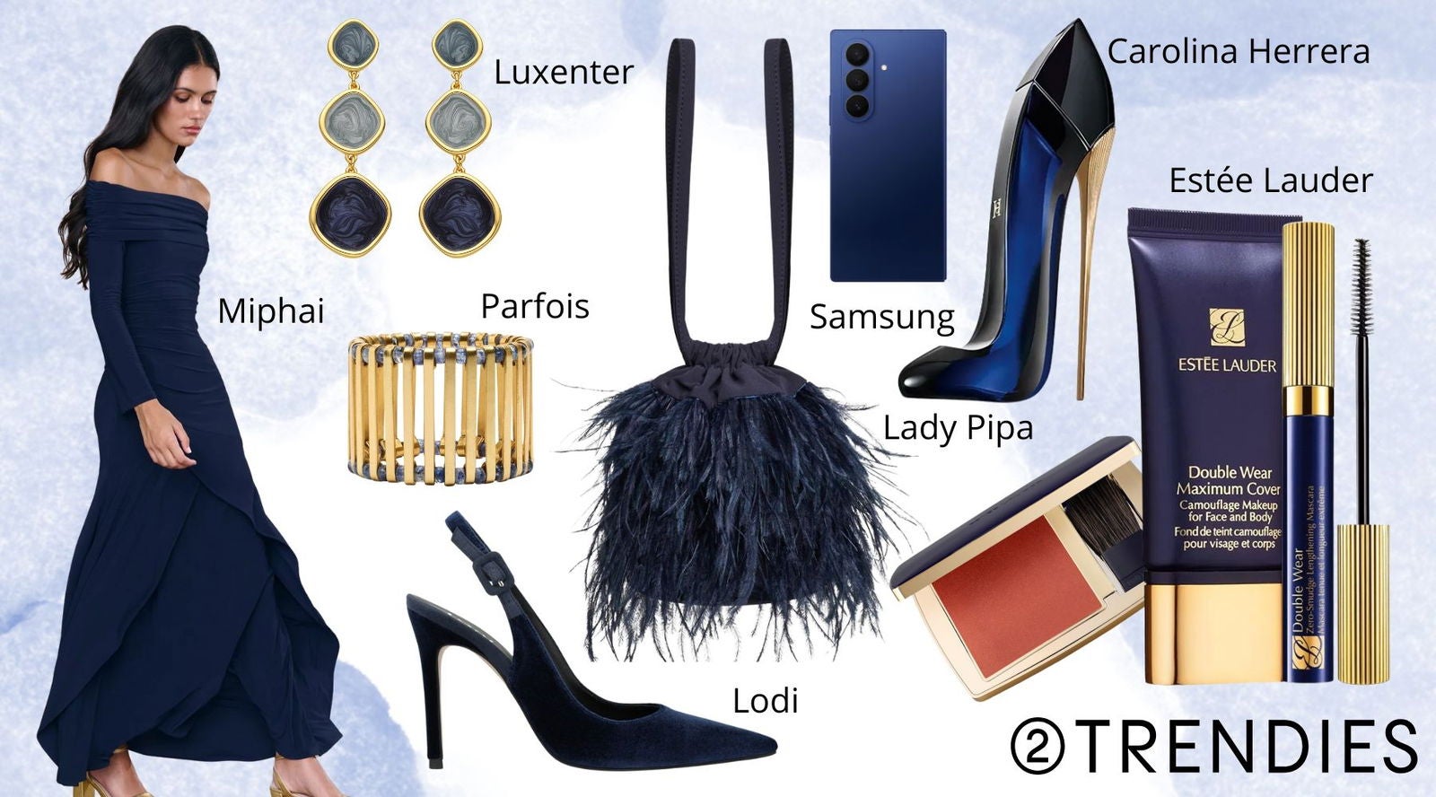 El azul más profundo se viste de noche con tejidos sofisticados, accesorios cuidados y un maquillaje impecable.