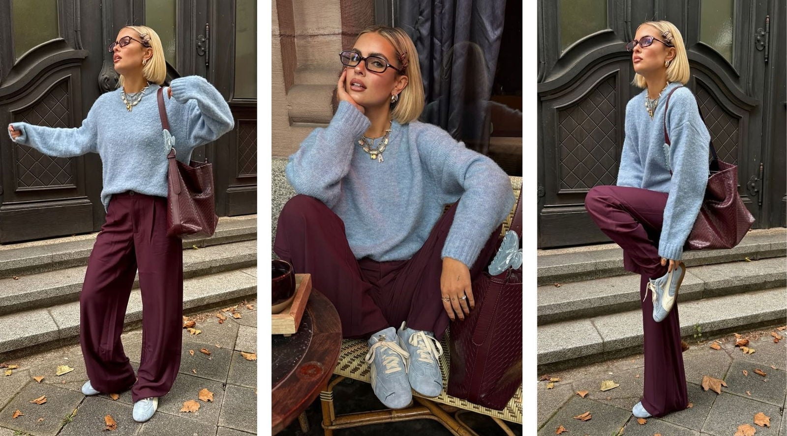 Julia Kammerer combina jersey azul, pantalón burdeos y bolso trenzado con las zapatillas Puma Speedcat en azul celeste | @julia.kammerer