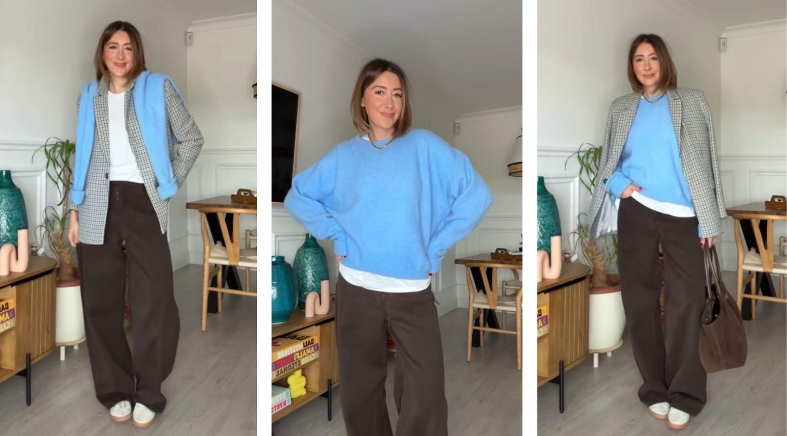 Ane Hernando con jersey azul de American Vintage, pantalón marrón chocolate, americana de cuadros y bolso de ante marrón | @lookandchic