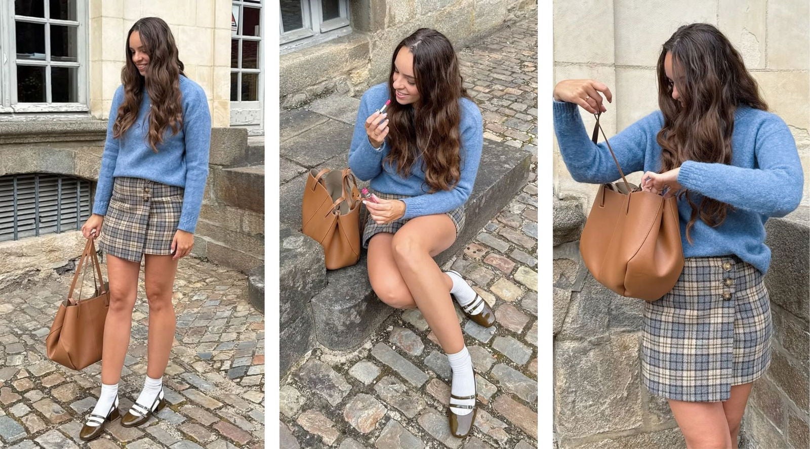 Jersey azul con minifalda de cuadros, calcetines blancos y bailarinas tipo Mary Jane, en clave college actualizada | @marinergnt