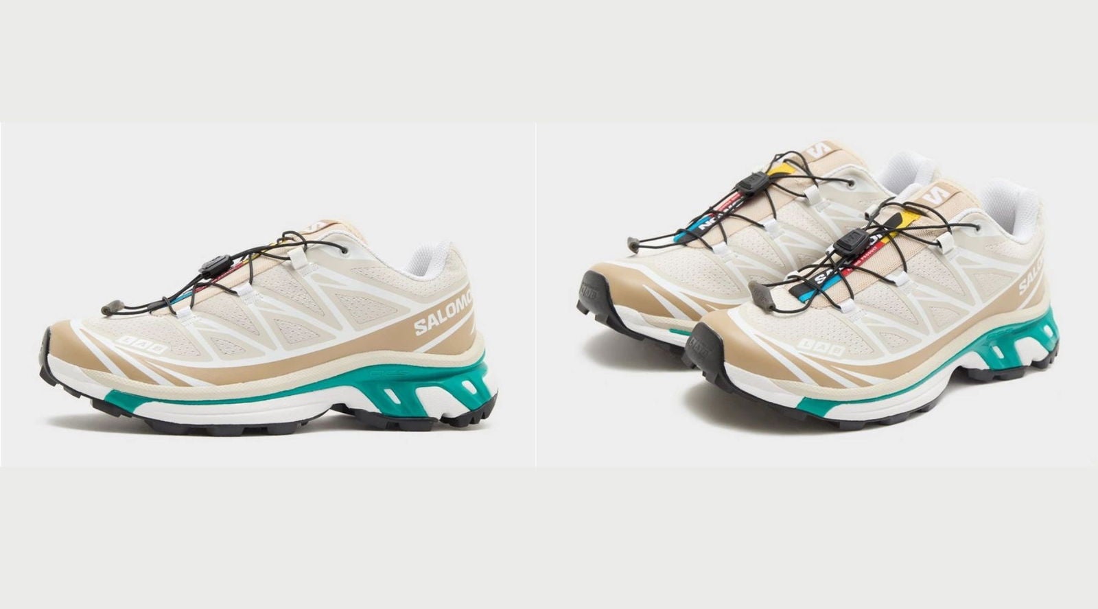 Zapatillas Salomon XT-6 en color arena con detalles verdes y azules, uno de los modelos más reconocibles de la firma (180€) | JD Sports