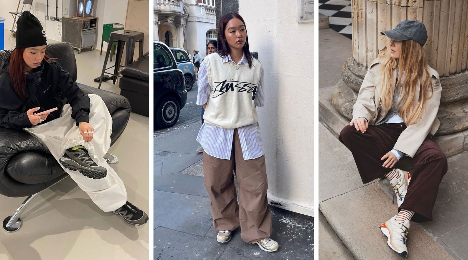 Tres formas de llevar las zapatillas Salomon este otoño: con estética técnica, en versión urbana o combinadas con básicos neutros | Instagram @helenxto y @ivi__jenny