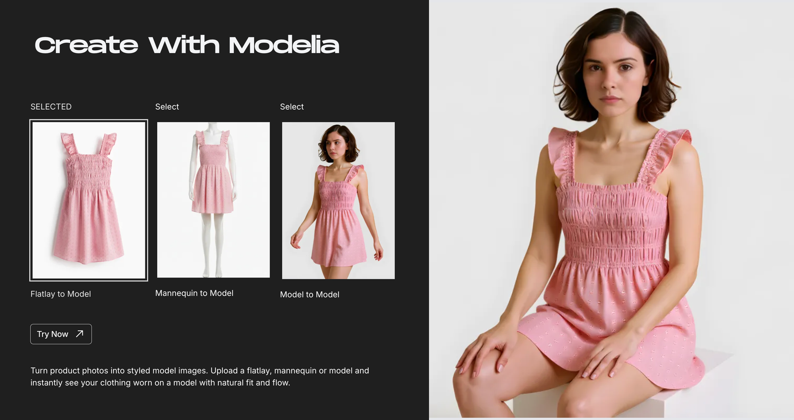 Desde la web de Modelia, puedes convertir fotos de producto en imágenes realistas y ver cómo una modelo luce tu ropa