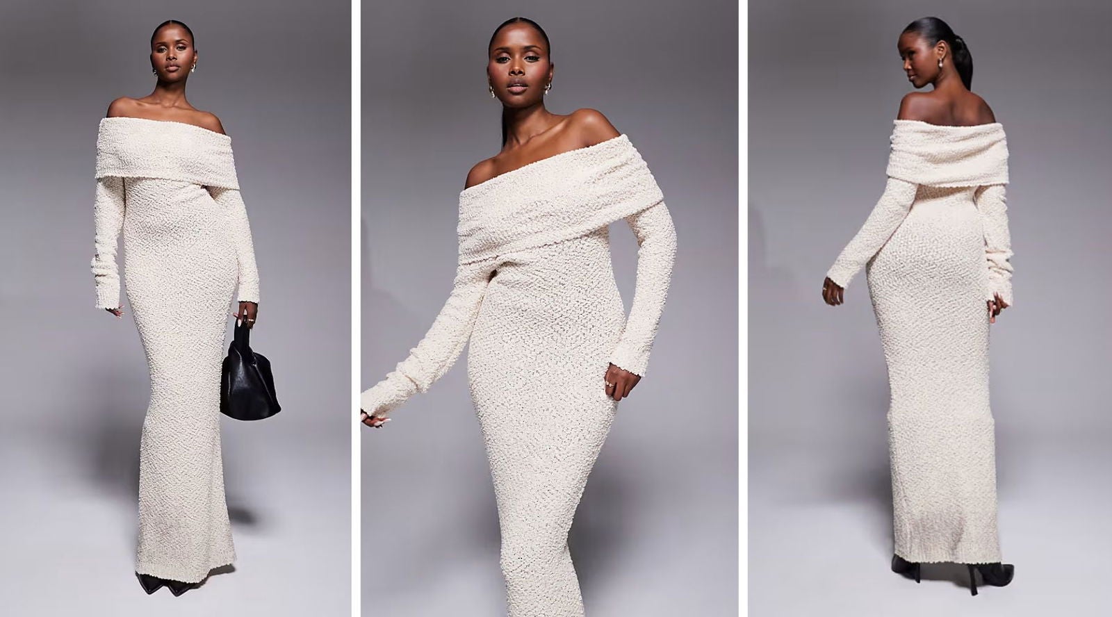 Vestido largo de bouclé con escote Bardot en color crema de JLUXLABEL (101,99€) | ASOS